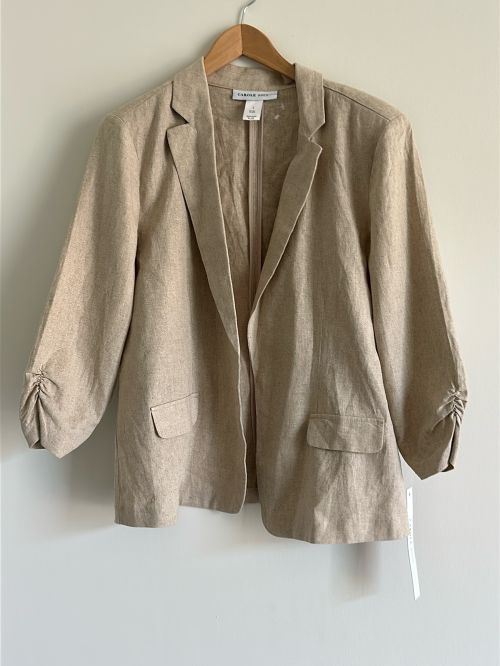 Linen-Blend Carol Wren Beige Open-Front Blazer L NWT